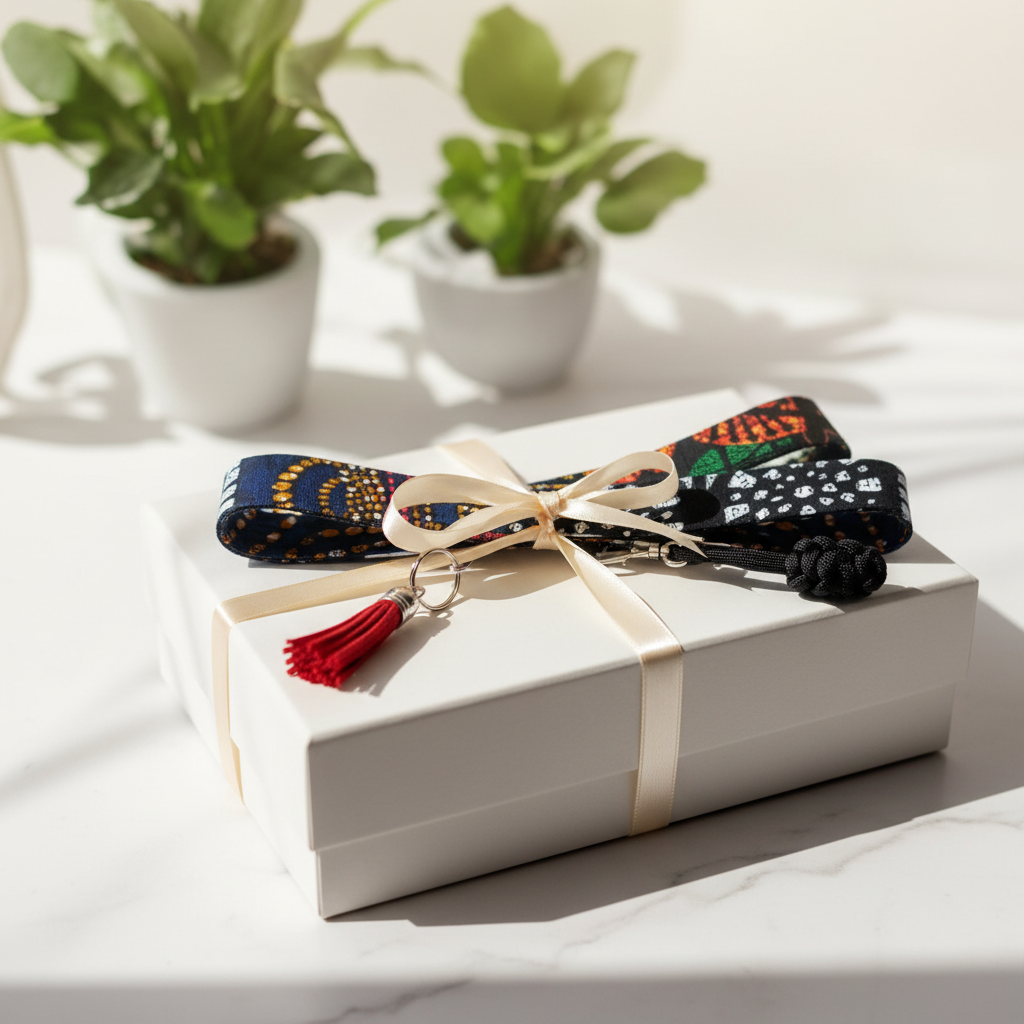 Two African wax print key fob wristlets in contrasting bold prints tied with ribbon on white gift box, marble surface, premium handmade gift photography
