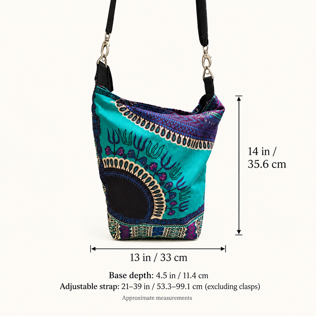 Dashiki bucket bag approximate size guide: width 13 inches (33 cm), body height 14 inches (35.6 cm), base depth 4.5 inches (11.4 cm), adjustable strap 21–39 inches (53.3–99.1 cm), excluding clasps.