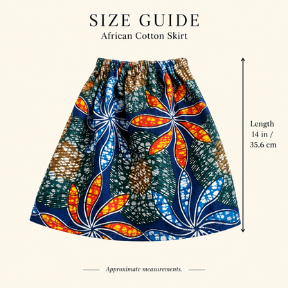 African wax print cotton skirt approximate length guide showing 14 inches (35.6 cm) from waistband to hem.