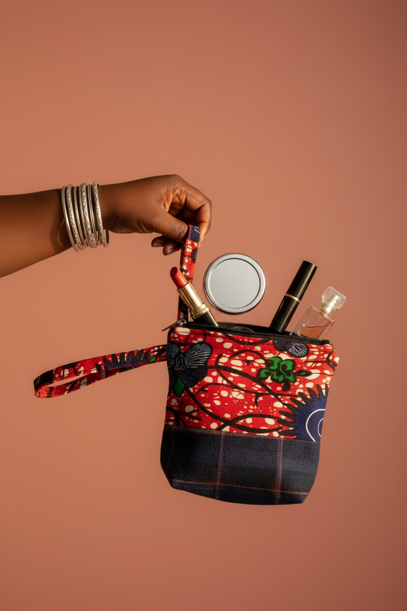 Black woman's hand with silver bangles holding the 2-tone botanical Ankara zipped pouch with red and navy print upper and navy plaid lower panel against terracotta background