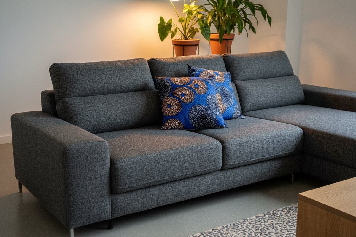 Set of two African wax print envelope cushion covers on a charcoal sofa in a gender-neutral contemporary living room