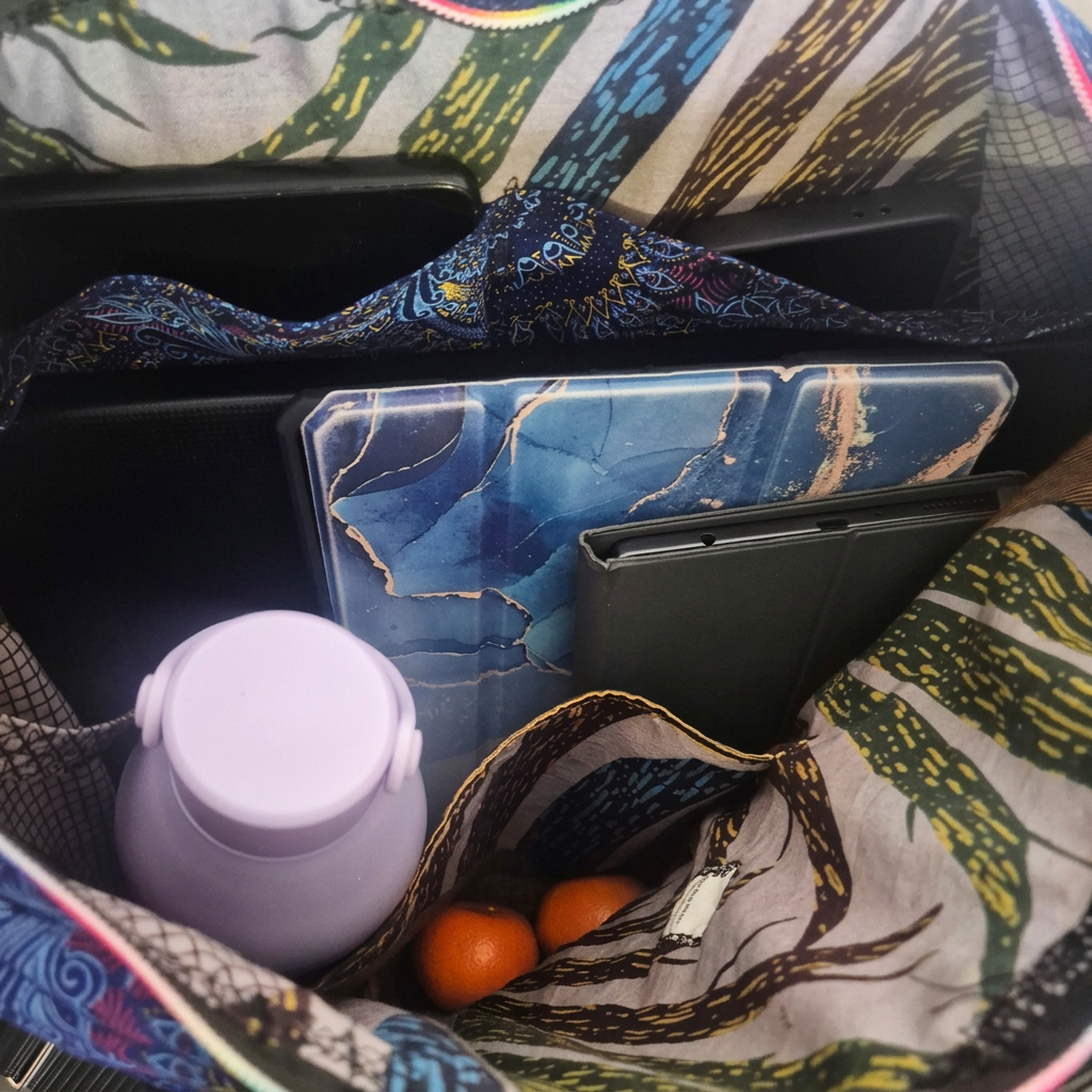 Inside the Blue Peacocks Traveller, showing leaf-print lining and patch pockets holding a large laptop, eReaders, iPad, phone, a lavender water bottle and small fruits.