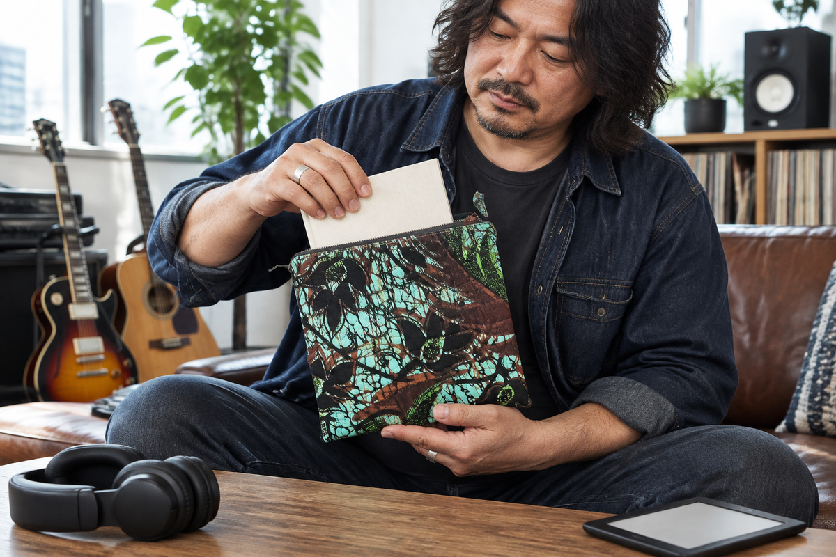 Japanese rocker placing a book inside the teal botanical case