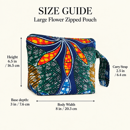 African Wax Print Zipped Pouch with Carry Strap — Large Flower