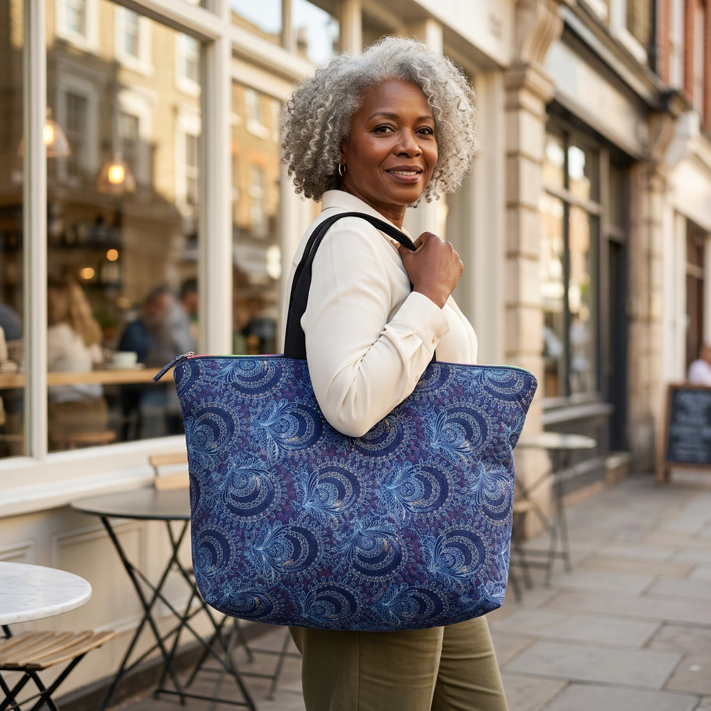 Woman carrying the blue paisley Blue Peacocks Traveller bag over her shoulder outside a café.