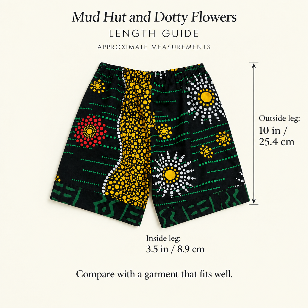 'Mud Hut & Dotty Flowers' African Ankara Print Shorts for Children