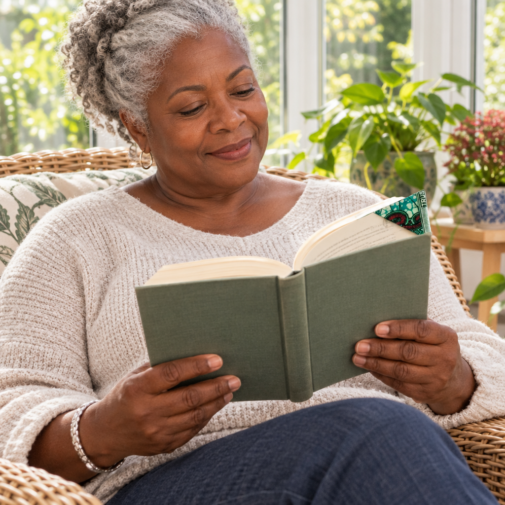 Older adult woman reading with the Page Corner Bookmark