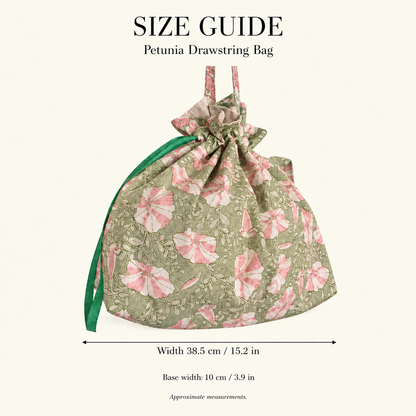 Petunia - Large Reusable Drawstring Bag — Pink & White Petunia Print.