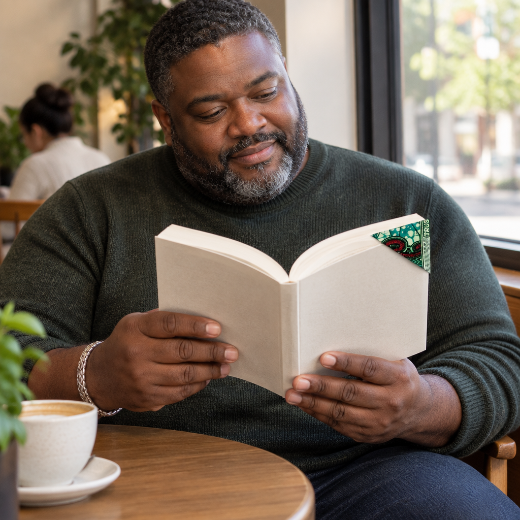 Plus-size adult man reading with the Page Corner Bookmark