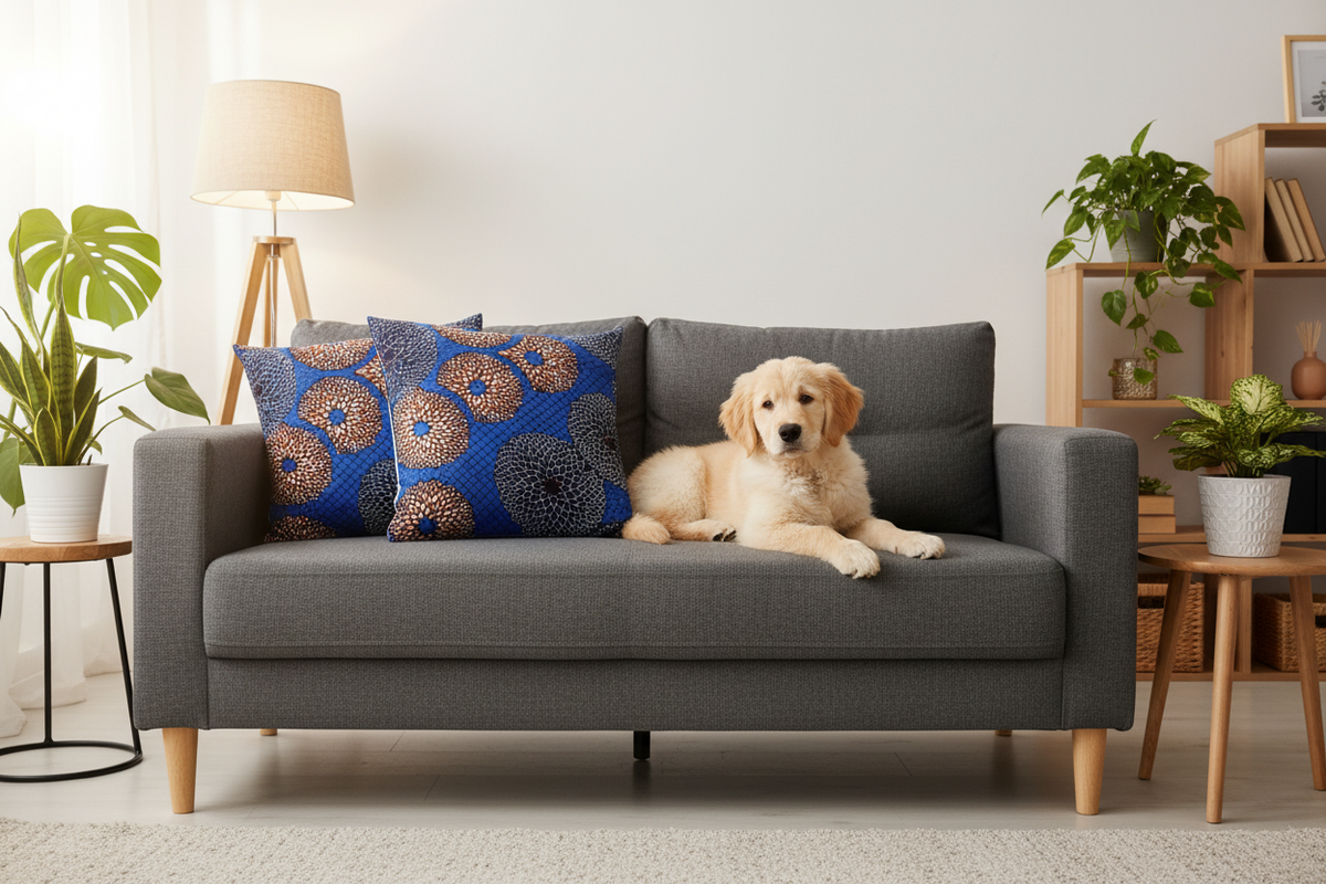 Puppy with cushions in gender-inclusive room
