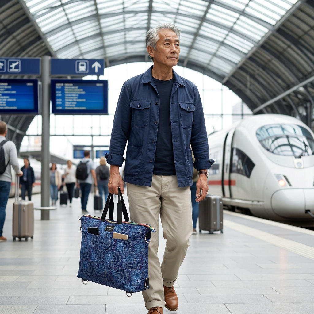 Man carrying the blue paisley Blue Peacocks Traveller by its black handles beside a train at a railway station.