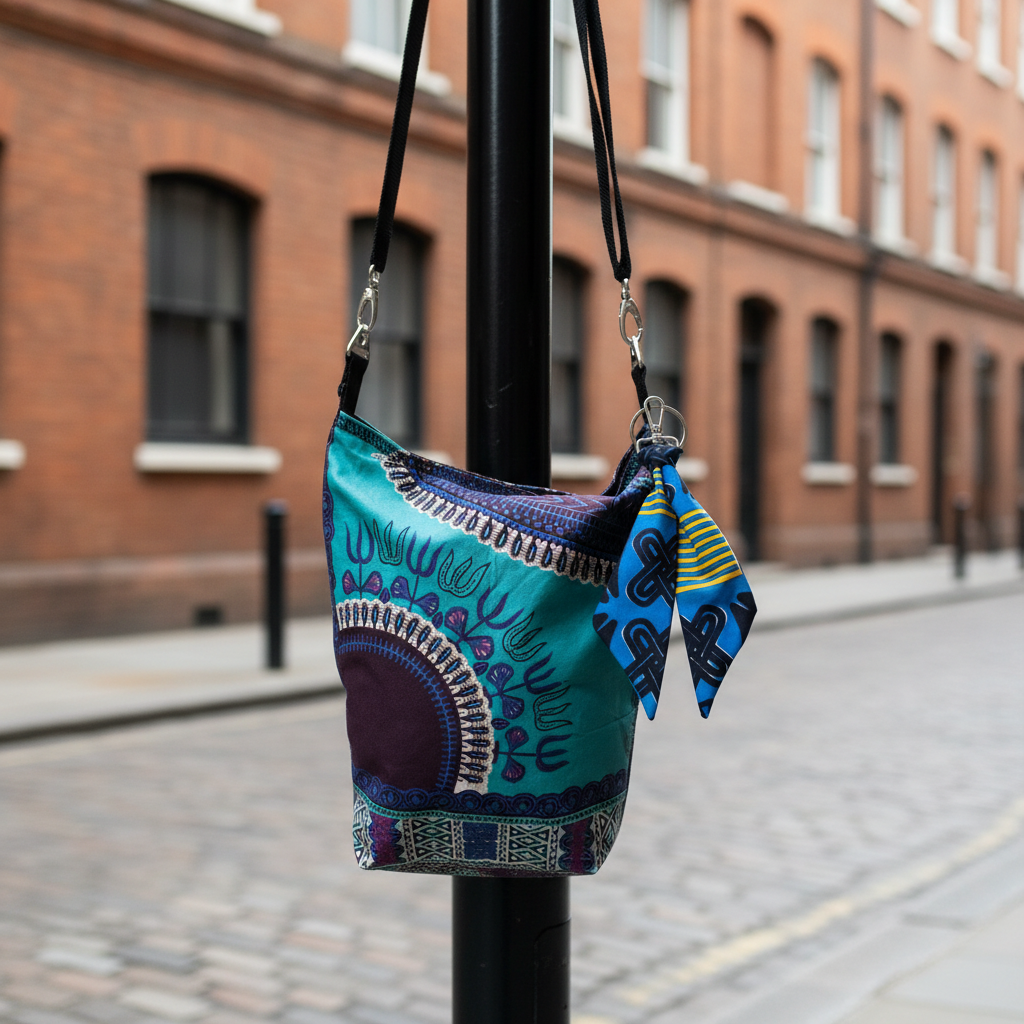 Real Dashiki bucket bag with necktie-fabric charm attached