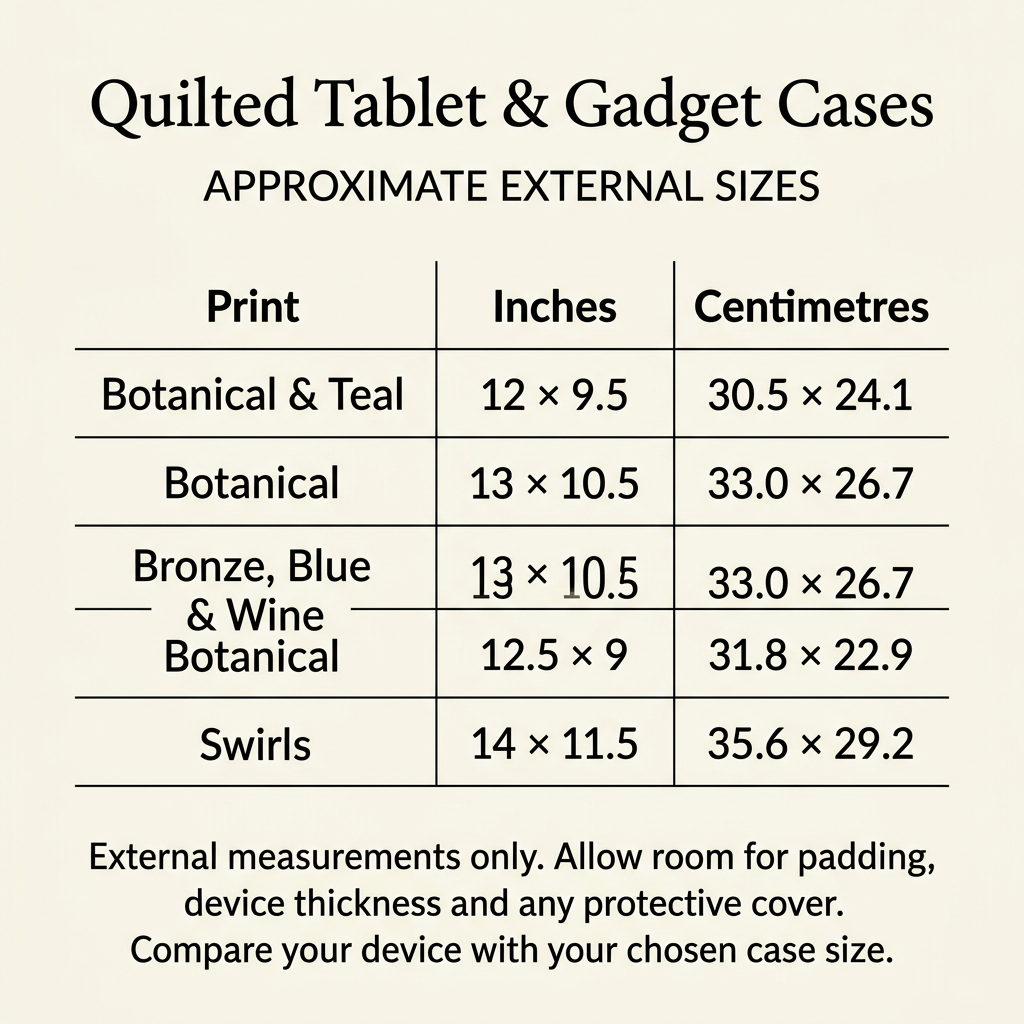 Quilted tablet and gadget case size chart showing approximate external measurements for five print options in inches and centimetres.