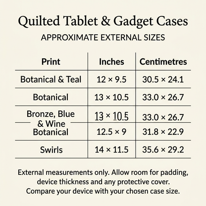 Quilted tablet and gadget case size chart showing approximate external measurements for five print options in inches and centimetres.
