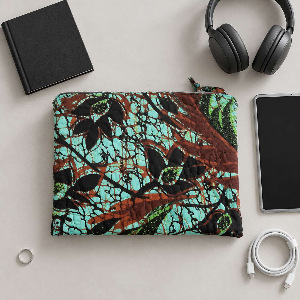 Teal botanical case with a plain book and unbranded gadgets