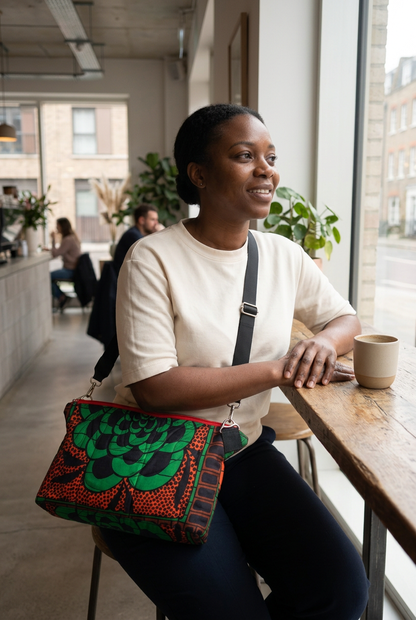 Woman relaxing in a café wearing the Hibiscus & Sunflower crossbody bag