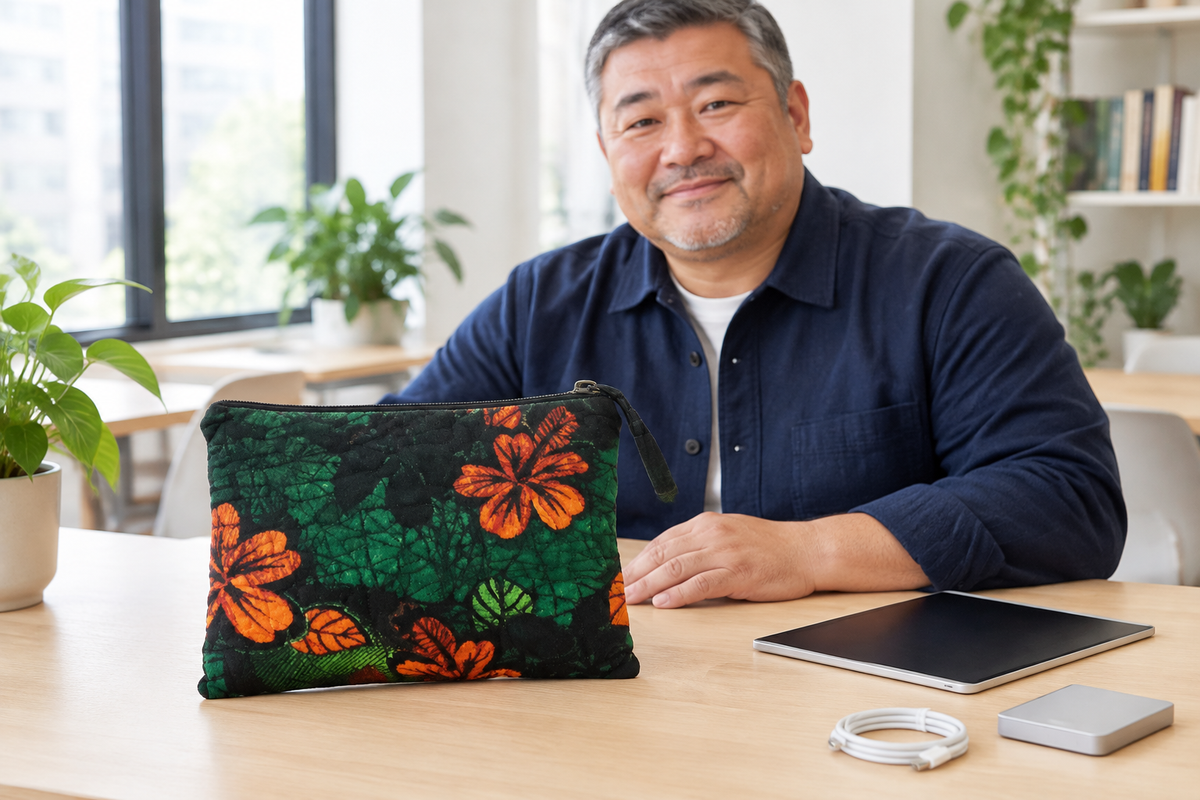 Workspace lifestyle with botanical case and unbranded gadgets